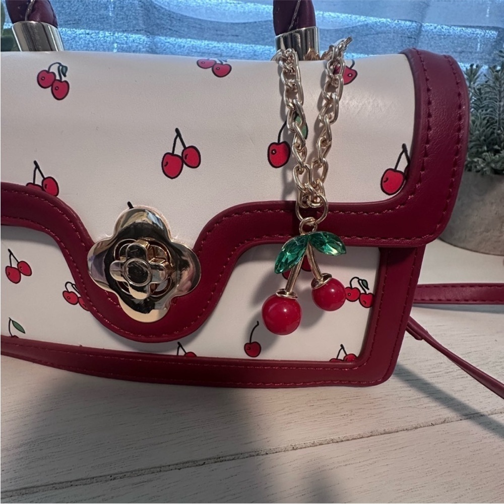 Cherry Print White and Red Women's Bag - Picture 5 of 10